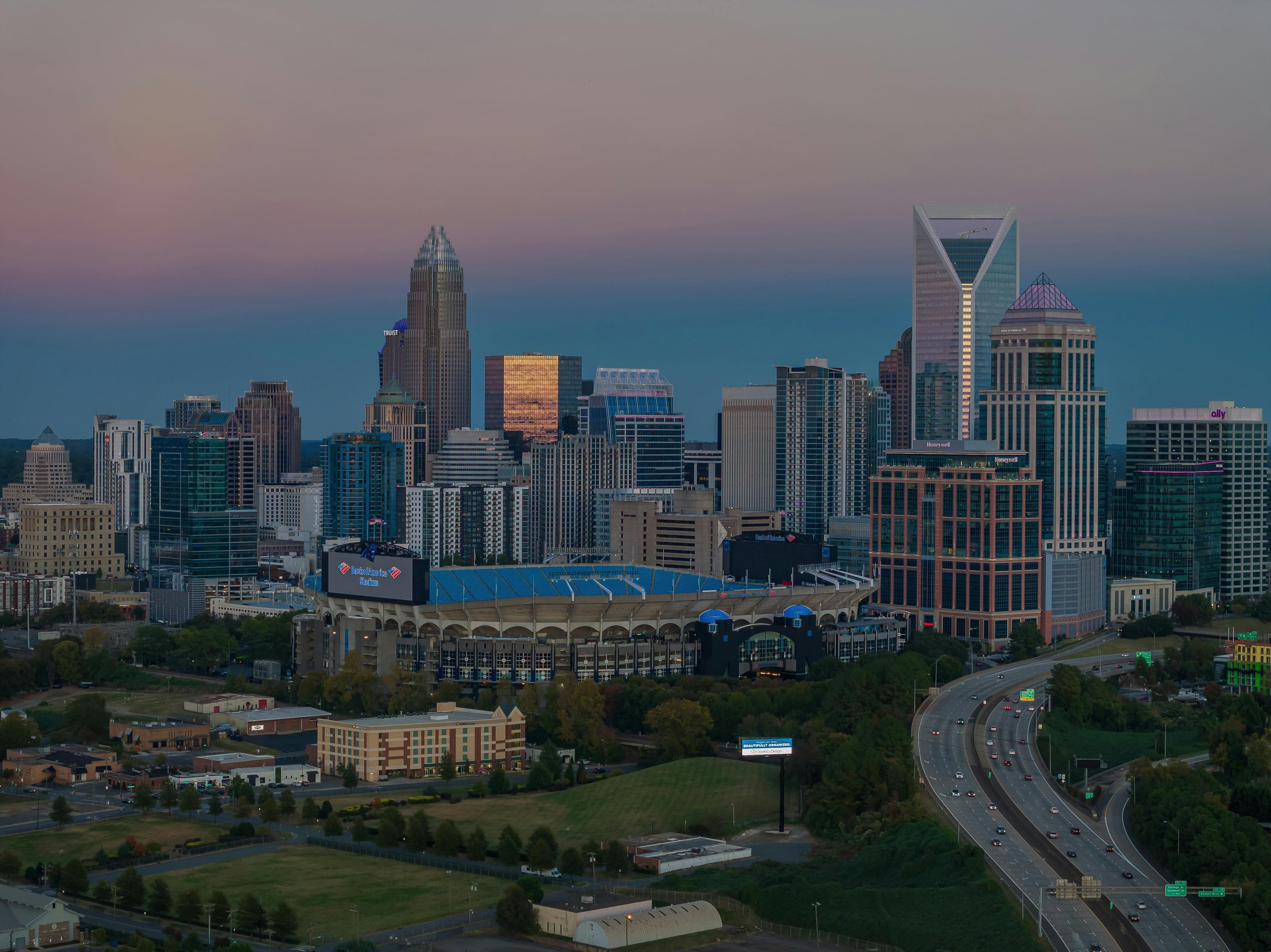 Charlotte, NC skyline at dusk from I-77